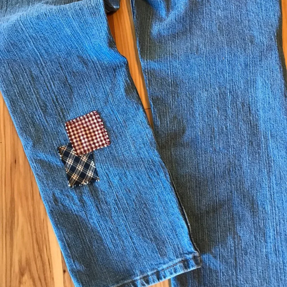 Upcycled Patchwork Jeans, Spring Garden Sunflower Plaid Patches Reworked Sz 16P